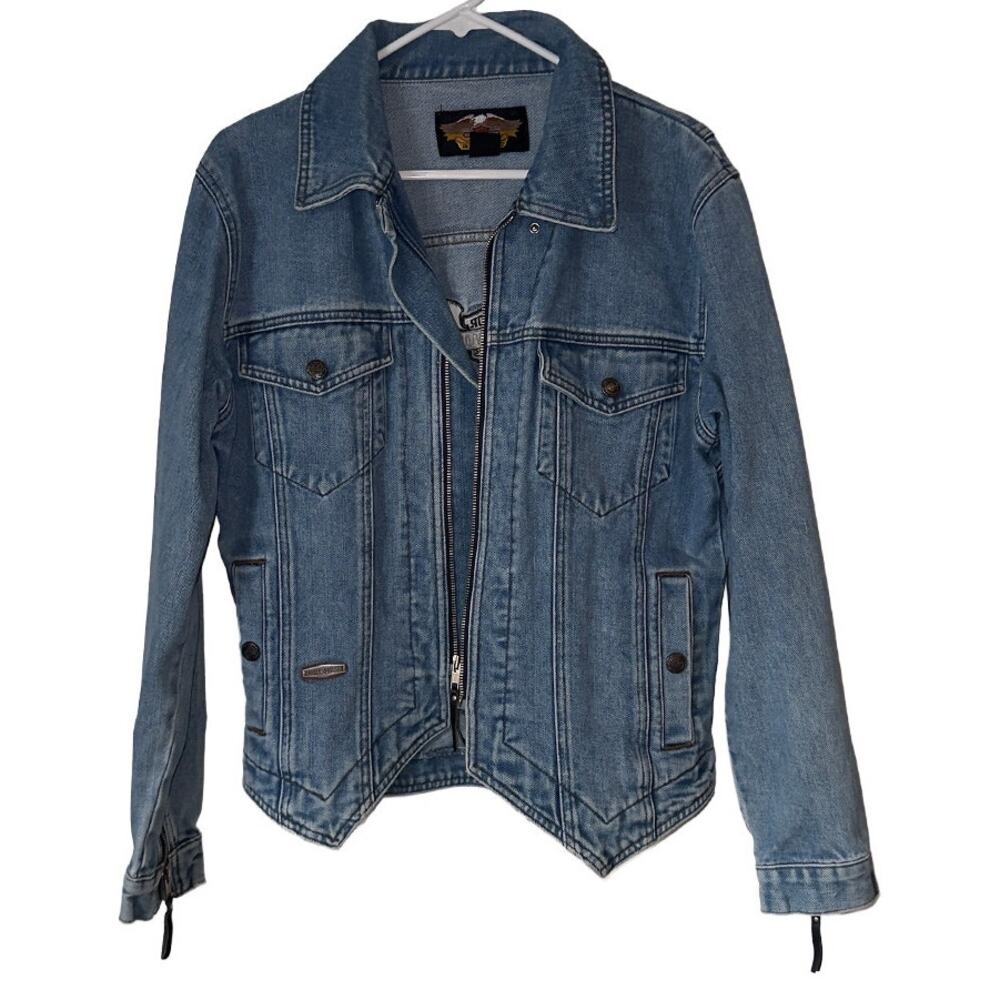 Vintage Harley Davidson Light Wash Back Patch Logo Denim Jean Jacket Women's Med